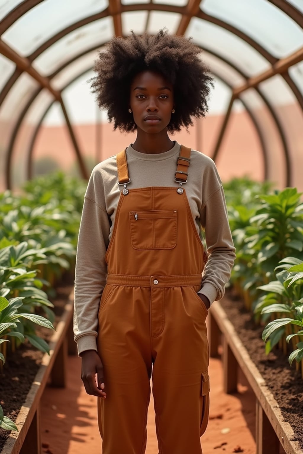 woman in a futuristic geodesic dome growing plants, fruits and vegetables on Mars, with the Mars red dunes visible in windows. woman wears overalls and a long-sleeve shirt.