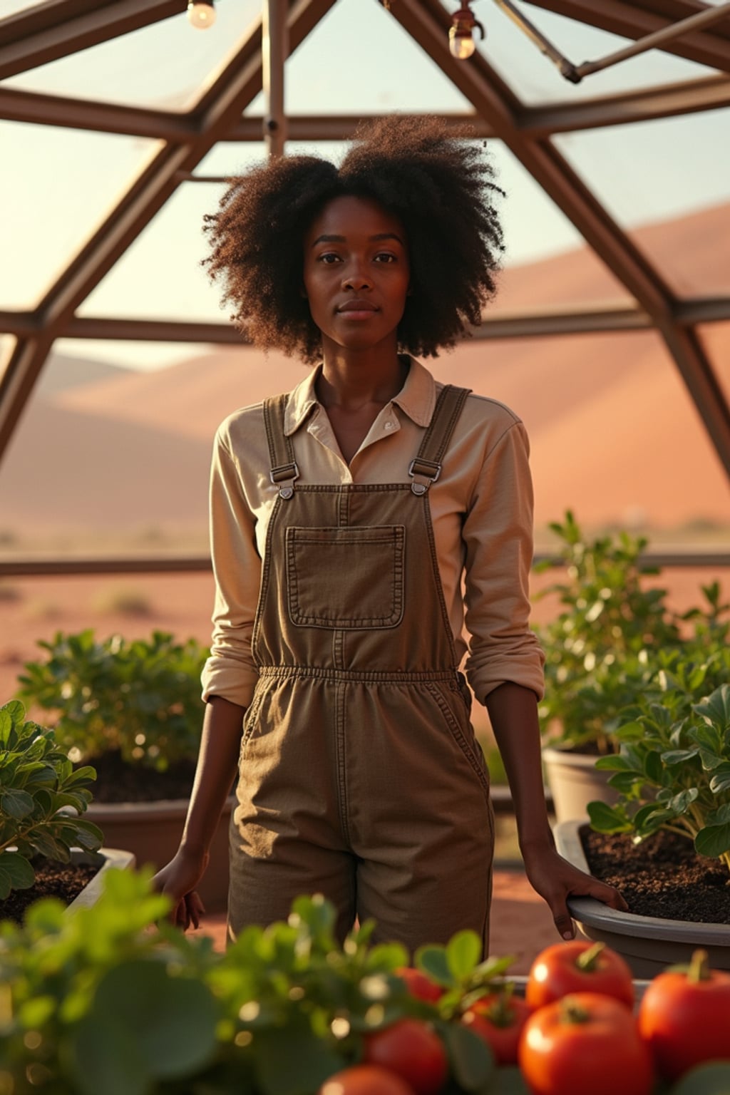 woman in a futuristic geodesic dome growing plants, fruits and vegetables on Mars, with the Mars red dunes visible in windows. woman wears overalls and a long-sleeve shirt.