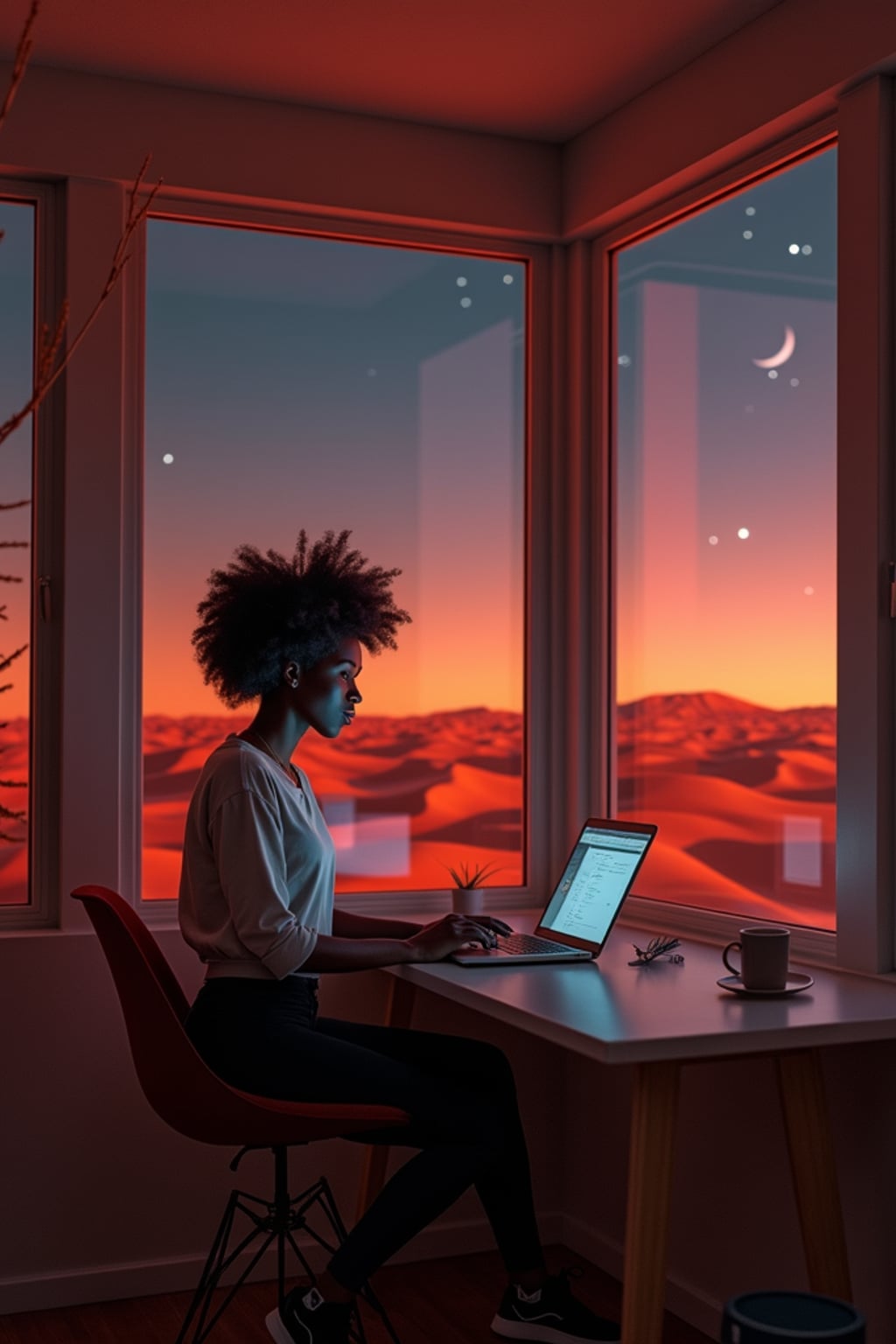 woman working on a laptop indoor a co-working space on Mars at night. Mars red dunes is visible in big windows. woman wears a casual blouse and black leggings.