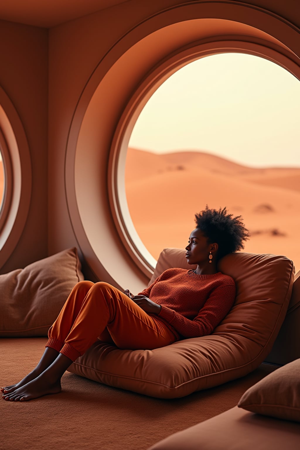 woman relaxing in a Mars habitat lounge area. Mars red dunes is visible in big windows. woman wears a comfy sweater and joggers.