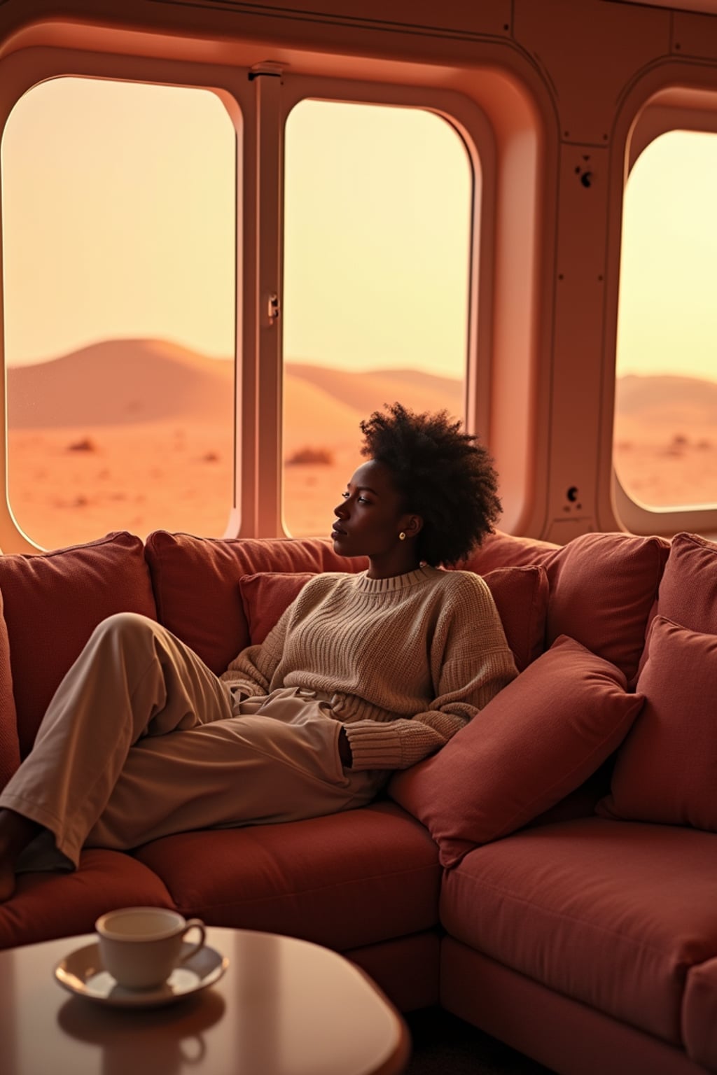 woman relaxing in a Mars habitat lounge area. Mars red dunes is visible in big windows. woman wears a comfy sweater and joggers.
