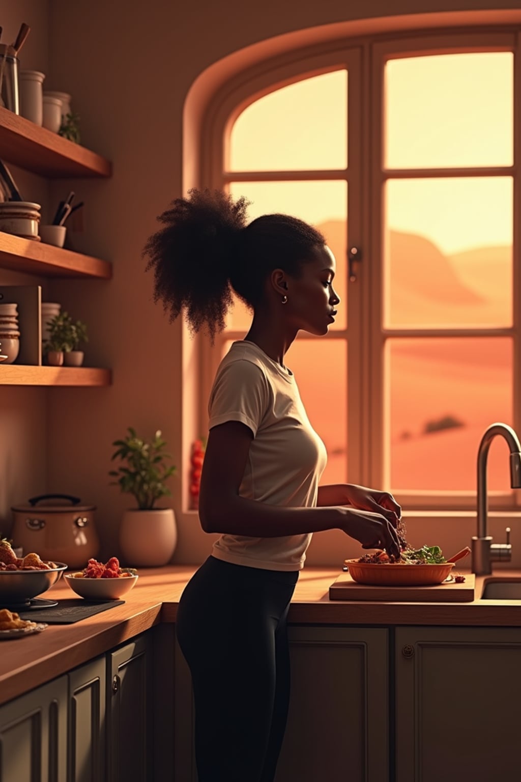woman inside in an indoor kitchen preparing food with Mars red dunes in the big windows. woman wears a simple t-shirt and leggings.