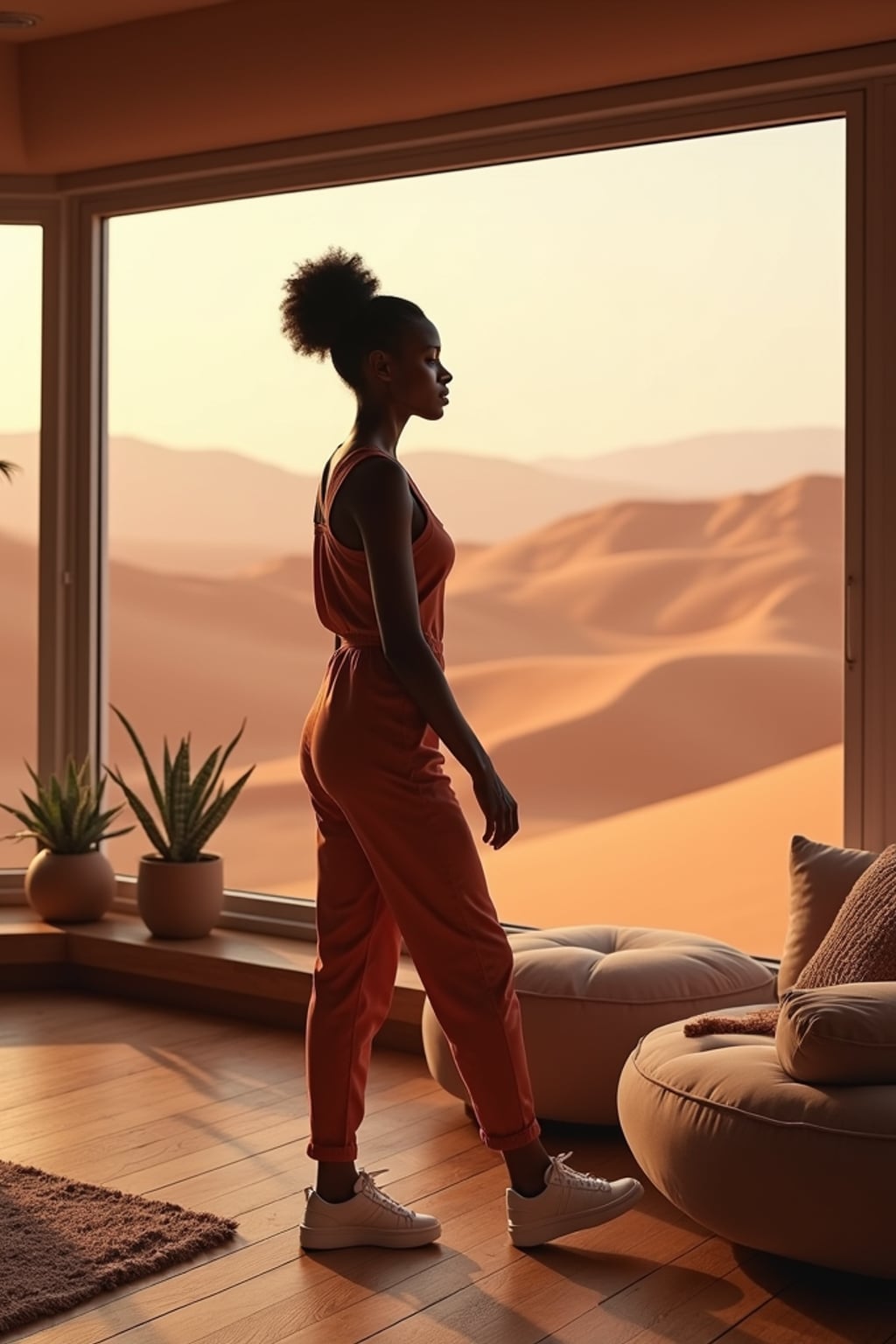 woman in a modern living room on Mars with the Mars red dunes visible in the big windows. woman wears a fitted jumpsuit with sneakers.