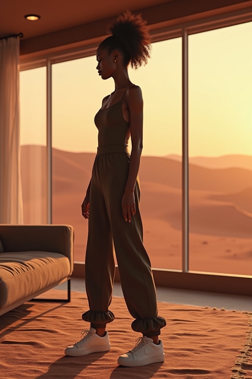 woman in a modern living room on Mars with the Mars red dunes visible in the big windows. woman wears a fitted jumpsuit with sneakers.
