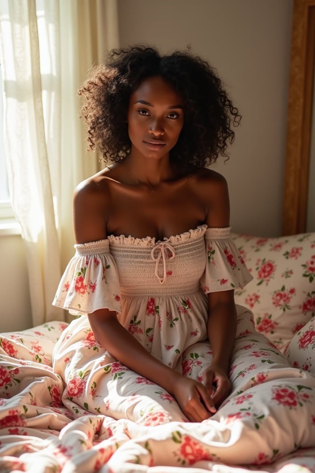 woman in a sunlit bedroom, making the bed with floral bedding, wearing a foral off-the-shoulder smocked strawberry dress, hair in soft waves, sun shining through the window