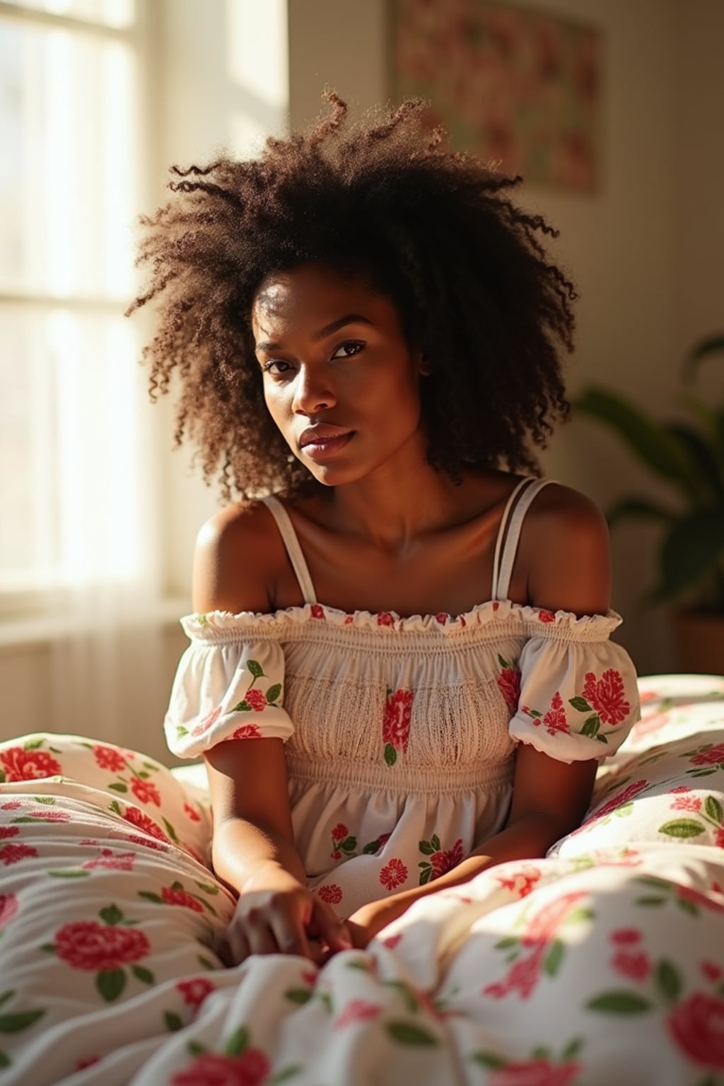 woman in a sunlit bedroom, making the bed with floral bedding, wearing a foral off-the-shoulder smocked strawberry dress, hair in soft waves, sun shining through the window
