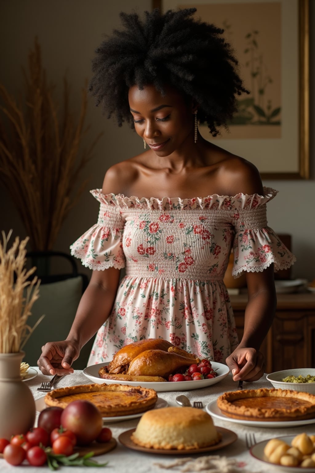 woman setting a beautifully arranged table for a holiday meal, wearing a floral off-the-shoulder smocked dress with lace details, carefully placing homemade pies and roasts