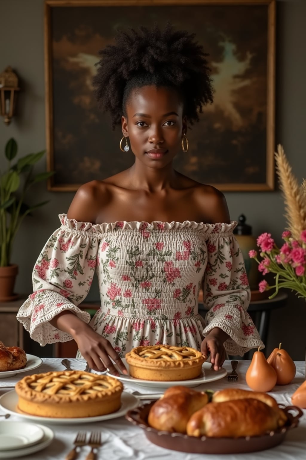woman setting a beautifully arranged table for a holiday meal, wearing a floral off-the-shoulder smocked dress with lace details, carefully placing homemade pies and roasts