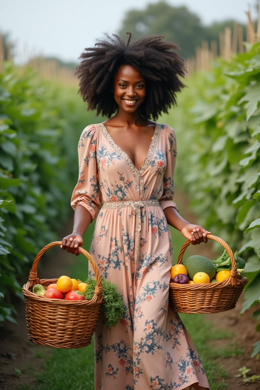 woman picking fruits and vegetables on the home farm with wicker baskets, wearing a long, flowing dress with floral patterns, carrying fresh produce
