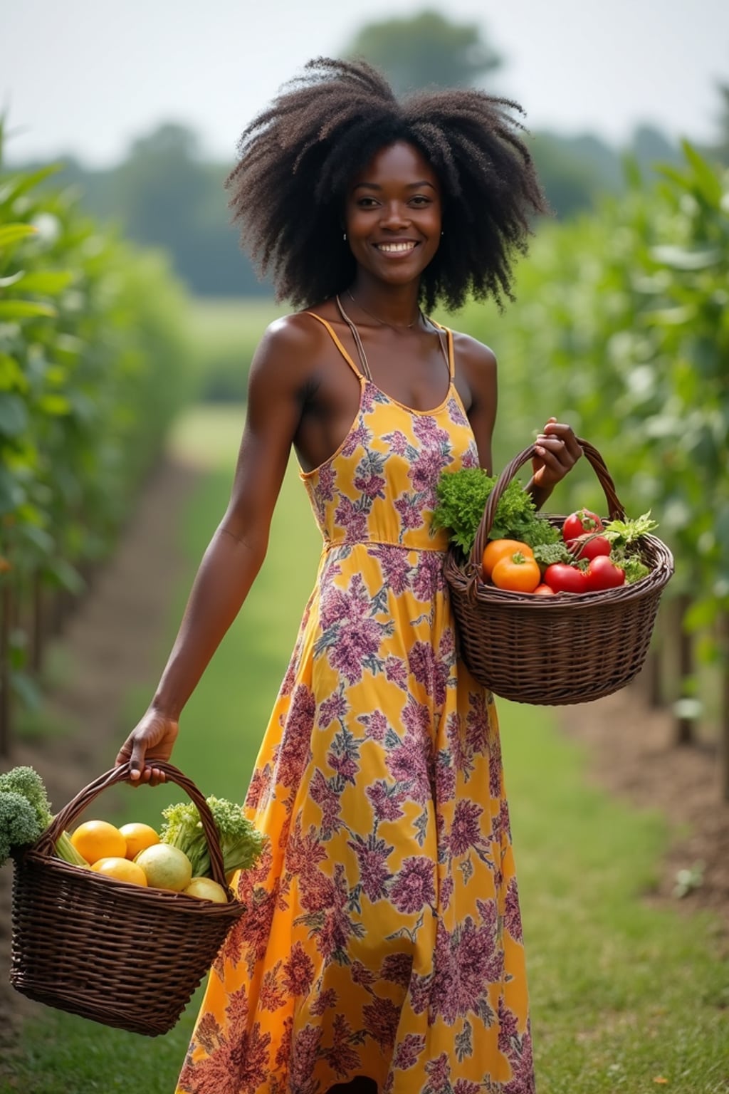 woman picking fruits and vegetables on the home farm with wicker baskets, wearing a long, flowing dress with floral patterns, carrying fresh produce
