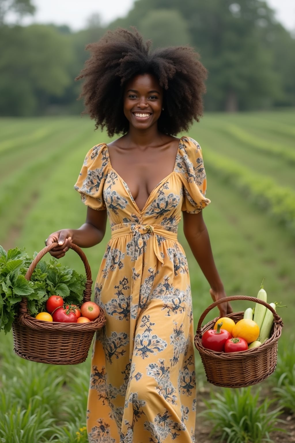woman picking fruits and vegetables on the home farm with wicker baskets, wearing a long, flowing dress with floral patterns, carrying fresh produce