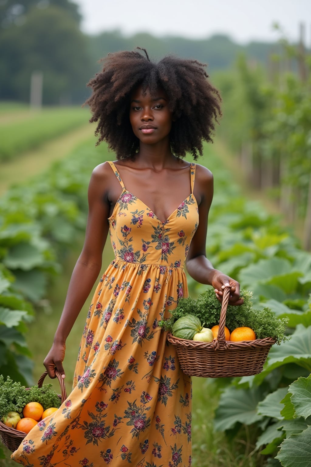 woman picking fruits and vegetables on the home farm with wicker baskets, wearing a long, flowing dress with floral patterns, carrying fresh produce
