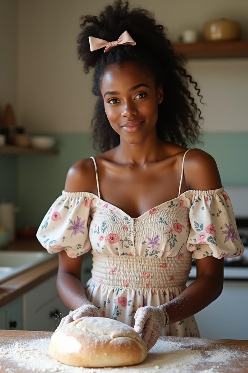 woman in a quaint, pastel-painted kitchen baking homemade bread, wearing a floral off-the-shoulder smocked dress, hair tied with a ribbon, flour on hands