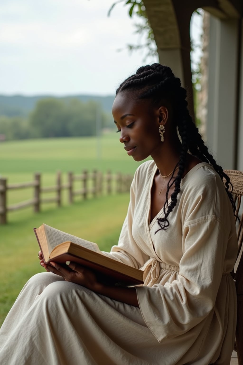 woman reading a classic novel on a porch with countryside views, wearing a simple linen dress, with a shawl wrapped around her shoulders, hair in braids