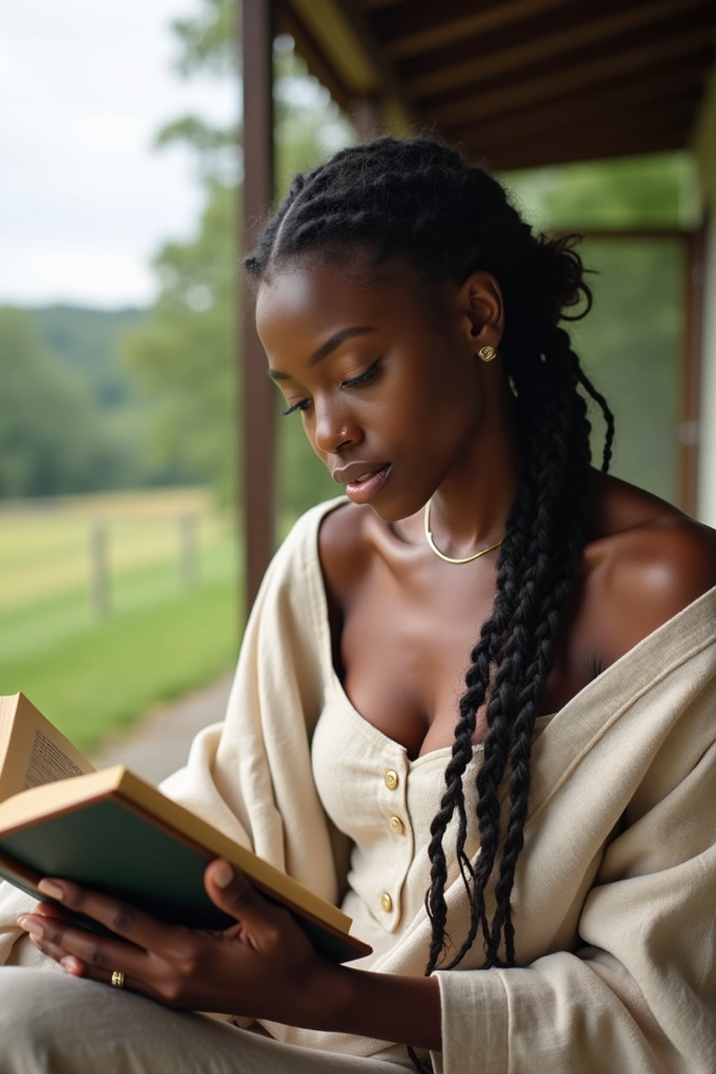woman reading a classic novel on a porch with countryside views, wearing a simple linen dress, with a shawl wrapped around her shoulders, hair in braids