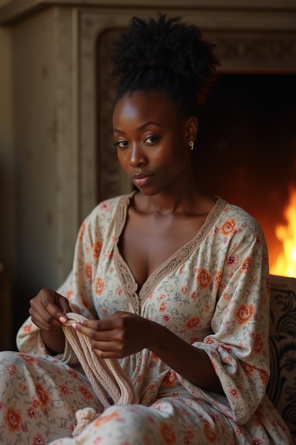 woman sewing or knitting by the fireplace in a rustic living room, wearing a floral print dress with a lace collar, hair in a neat bun, with soft lighting around