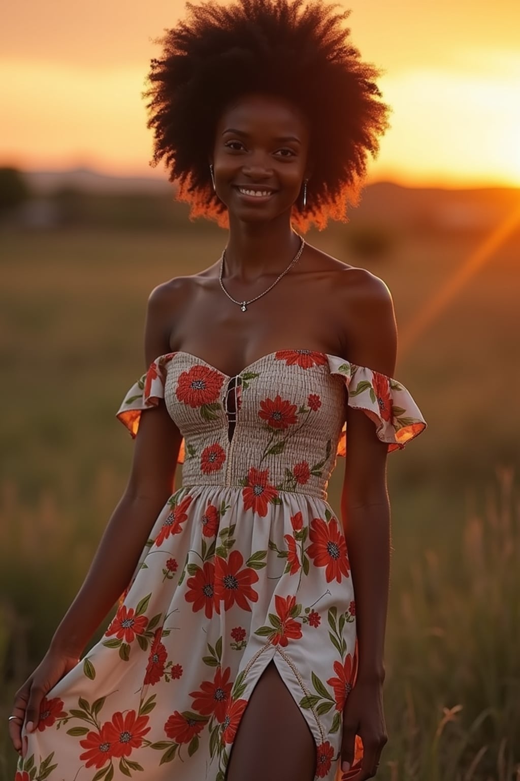 woman hosting a traditional family dinner outside at sunset, wearing a floral off-the-shoulder smocked dress with a sweetheart neckline and a thigh-high slit