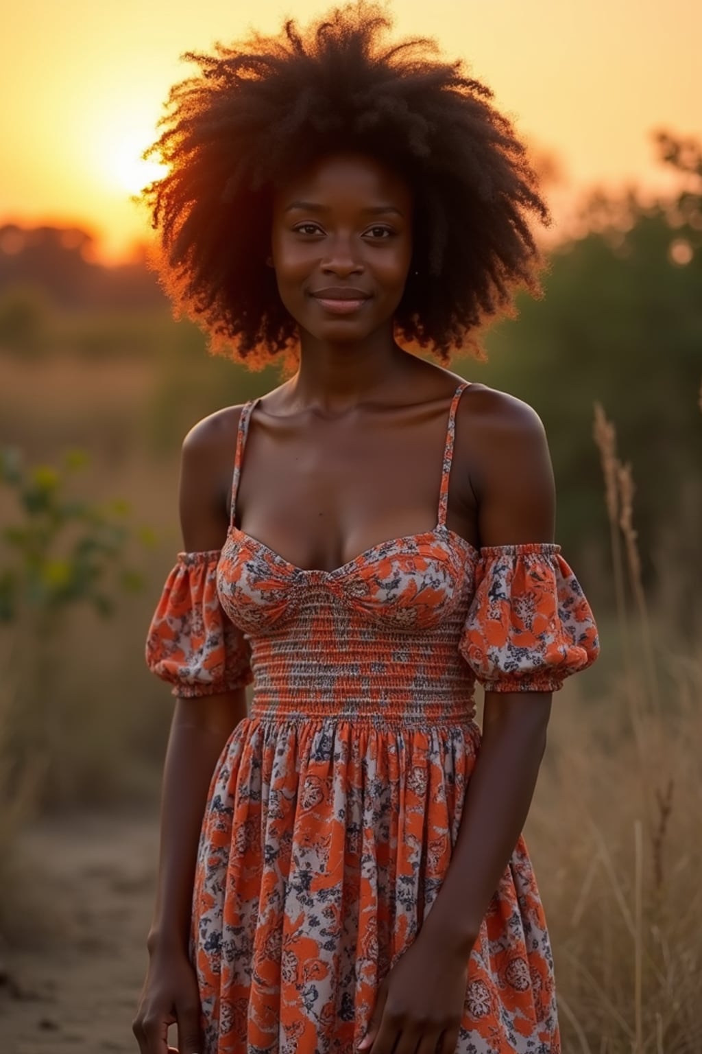 woman hosting a traditional family dinner outside at sunset, wearing a floral off-the-shoulder smocked dress with a sweetheart neckline and a thigh-high slit