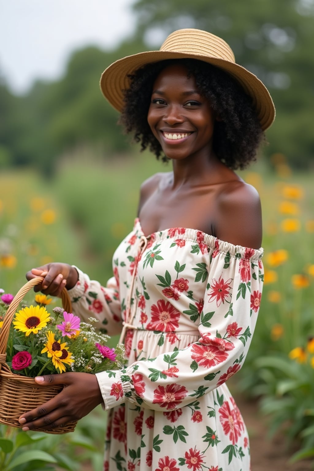 woman tending to a garden in the countryside during the day, wearing a long-sleeved floral off-the-shoulder dress, a sunhat, and holding a basket of freshly picked flowers