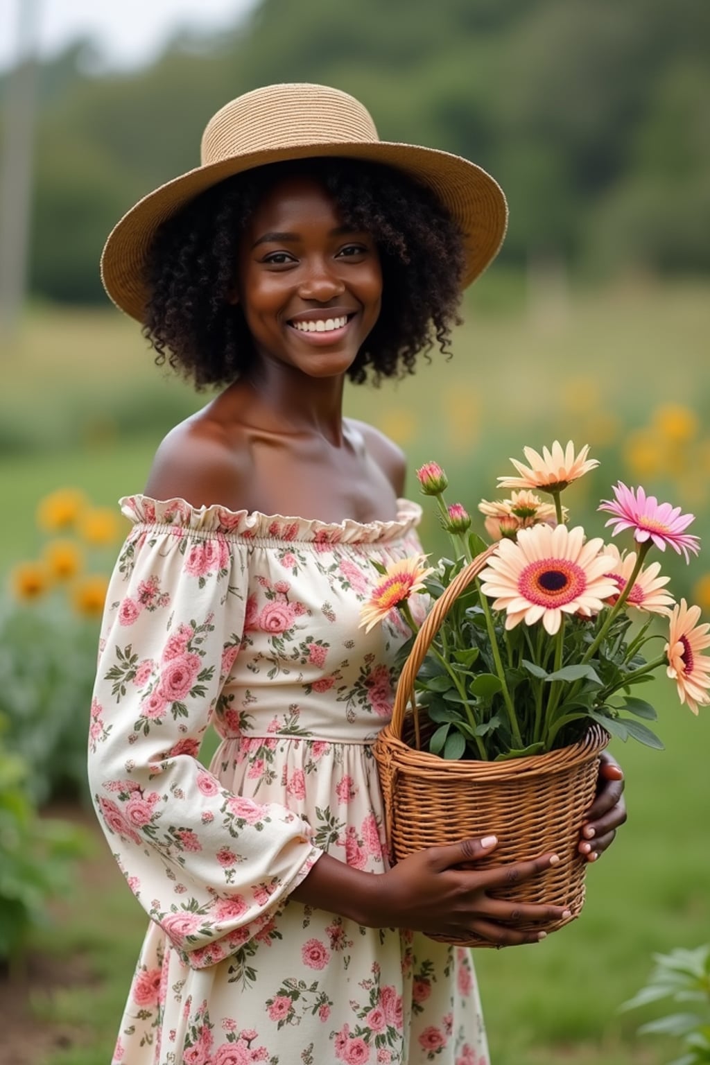 woman tending to a garden in the countryside during the day, wearing a long-sleeved floral off-the-shoulder dress, a sunhat, and holding a basket of freshly picked flowers