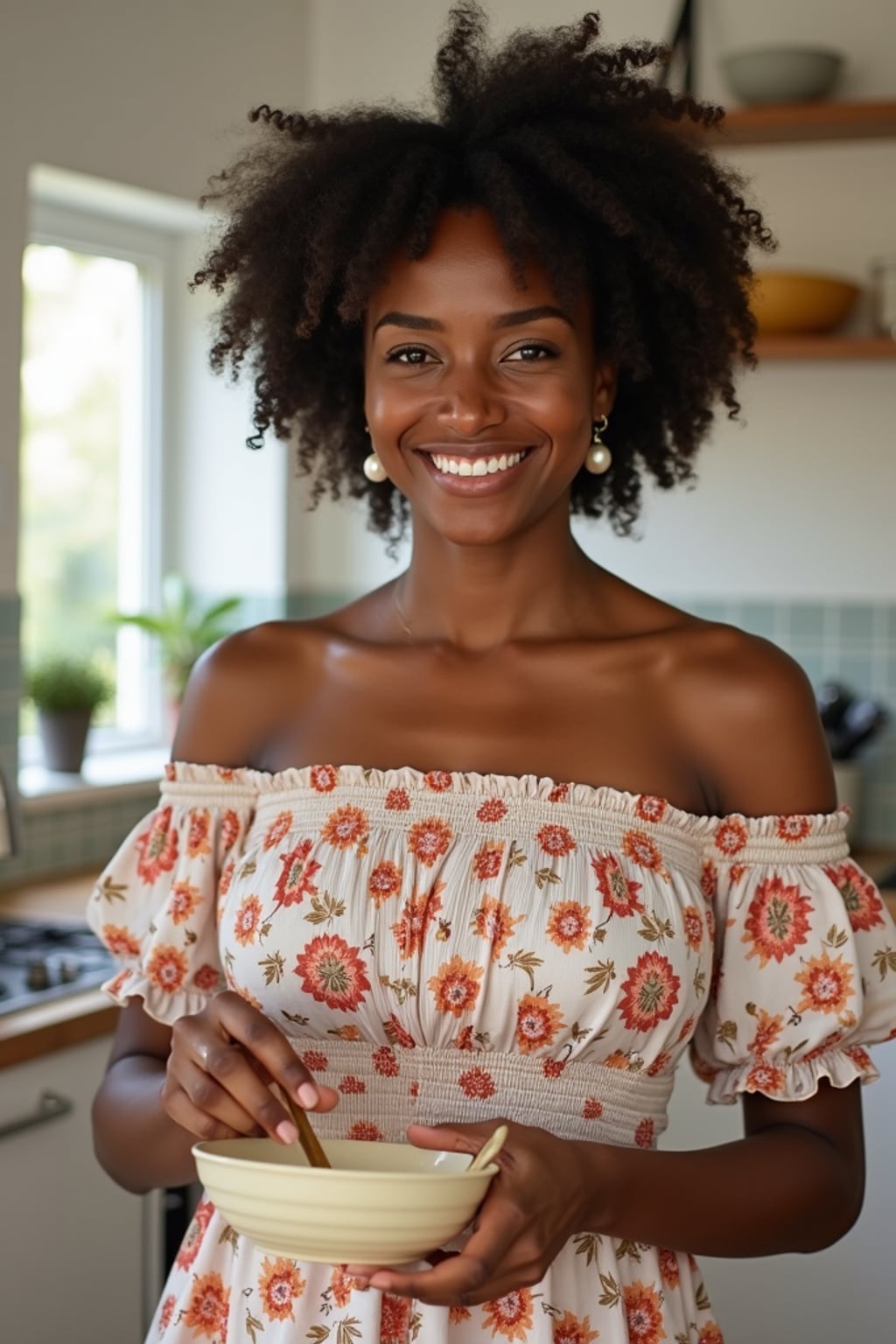 woman in a bright kitchen preparing a homemade meal, wearing a floral off-the-shoulder smocked dress, hair in soft curls, with pearl earrings