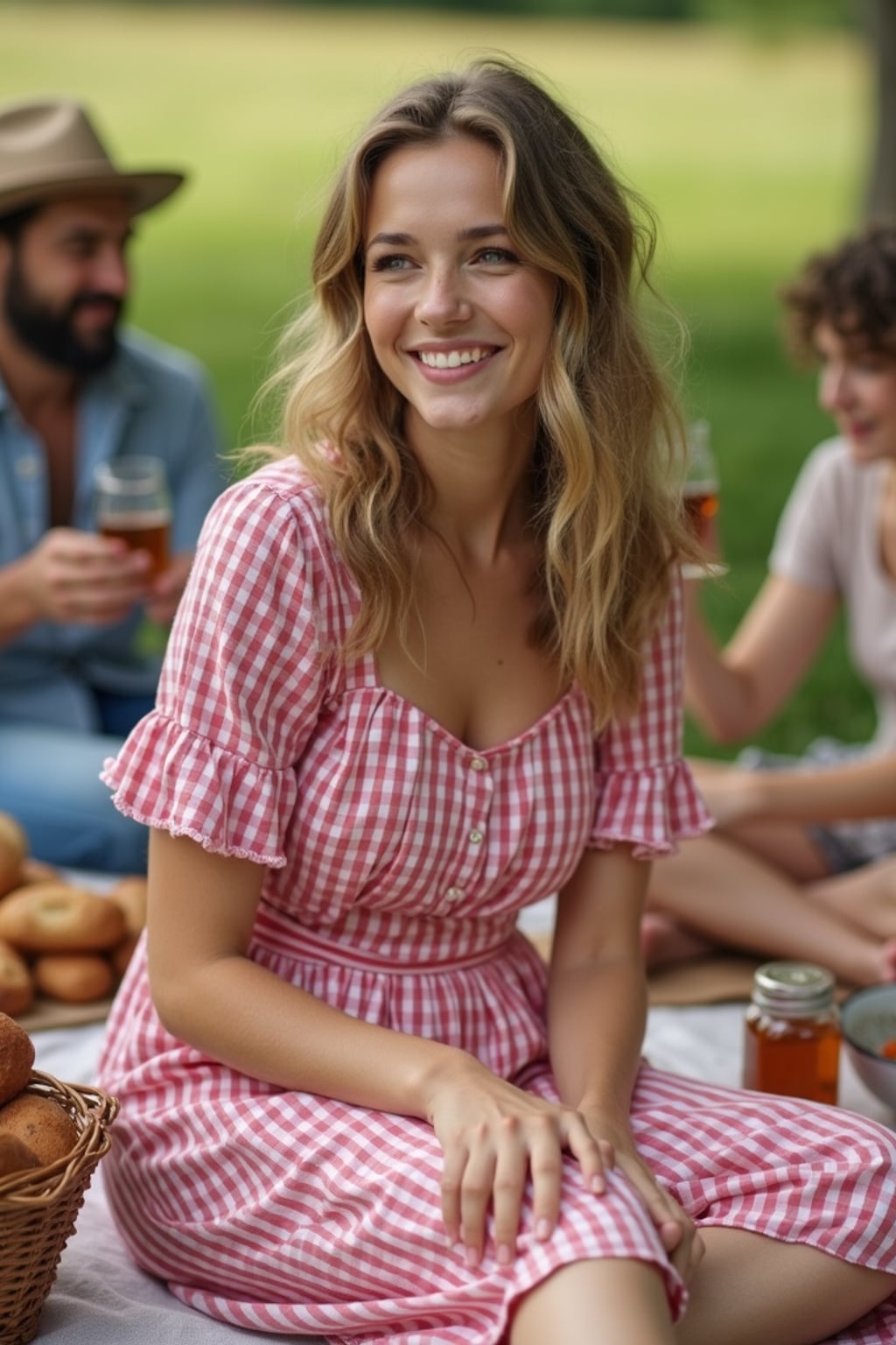 woman at a countryside picnic with family, wearing a gingham dress, sitting on a picnic blanket with home-baked goods, family members around