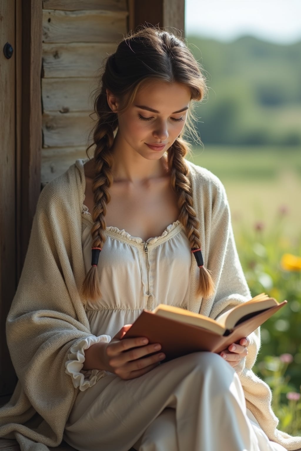 woman reading a classic novel on a porch with countryside views, wearing a simple linen dress, with a shawl wrapped around her shoulders, hair in braids