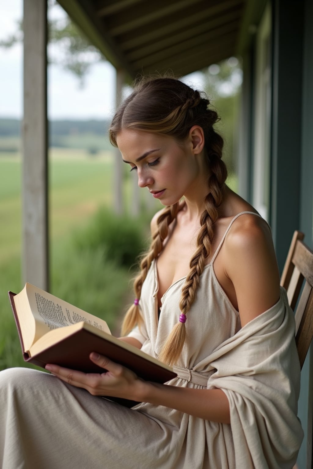 woman reading a classic novel on a porch with countryside views, wearing a simple linen dress, with a shawl wrapped around her shoulders, hair in braids