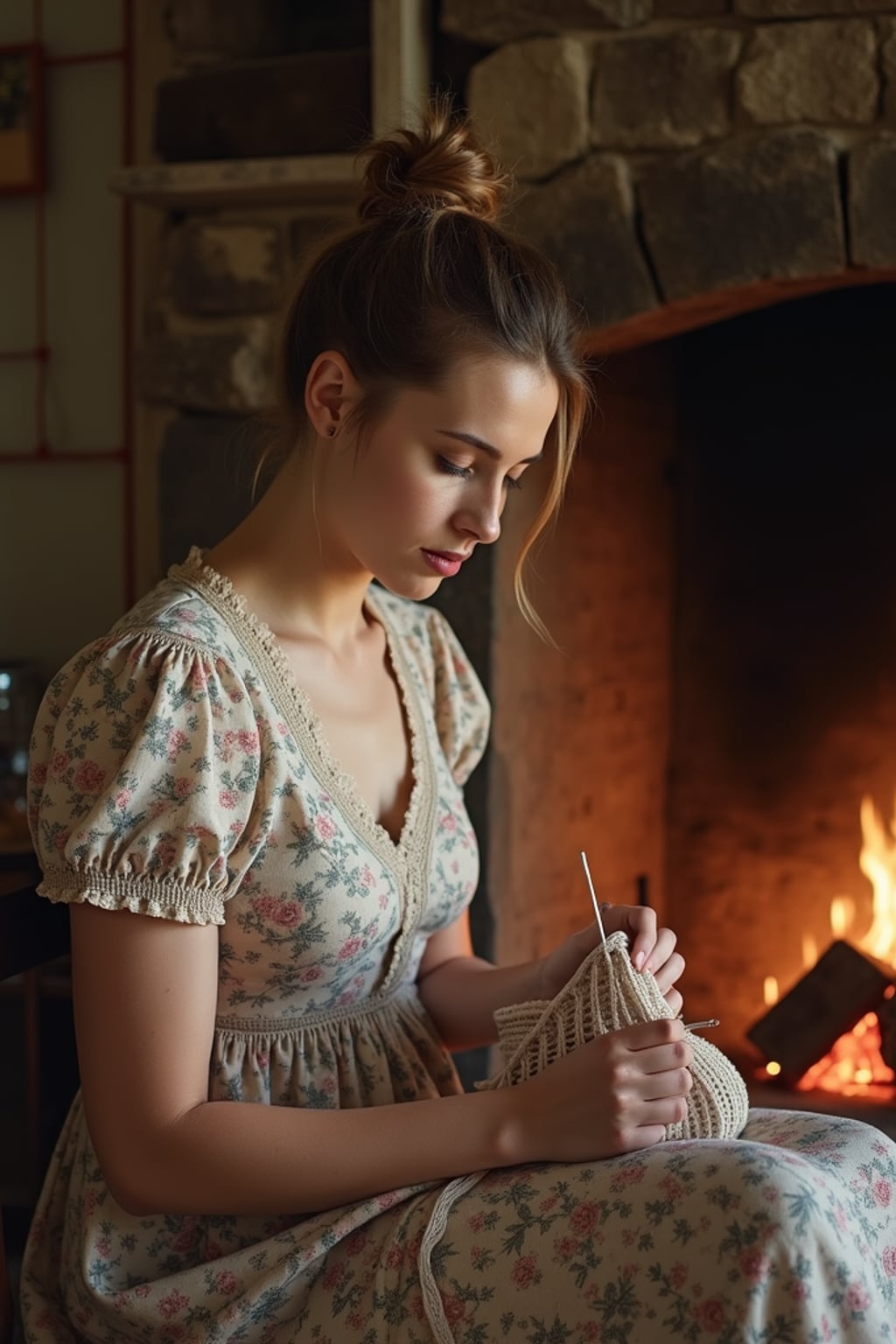 woman sewing or knitting by the fireplace in a rustic living room, wearing a floral print dress with a lace collar, hair in a neat bun, with soft lighting around