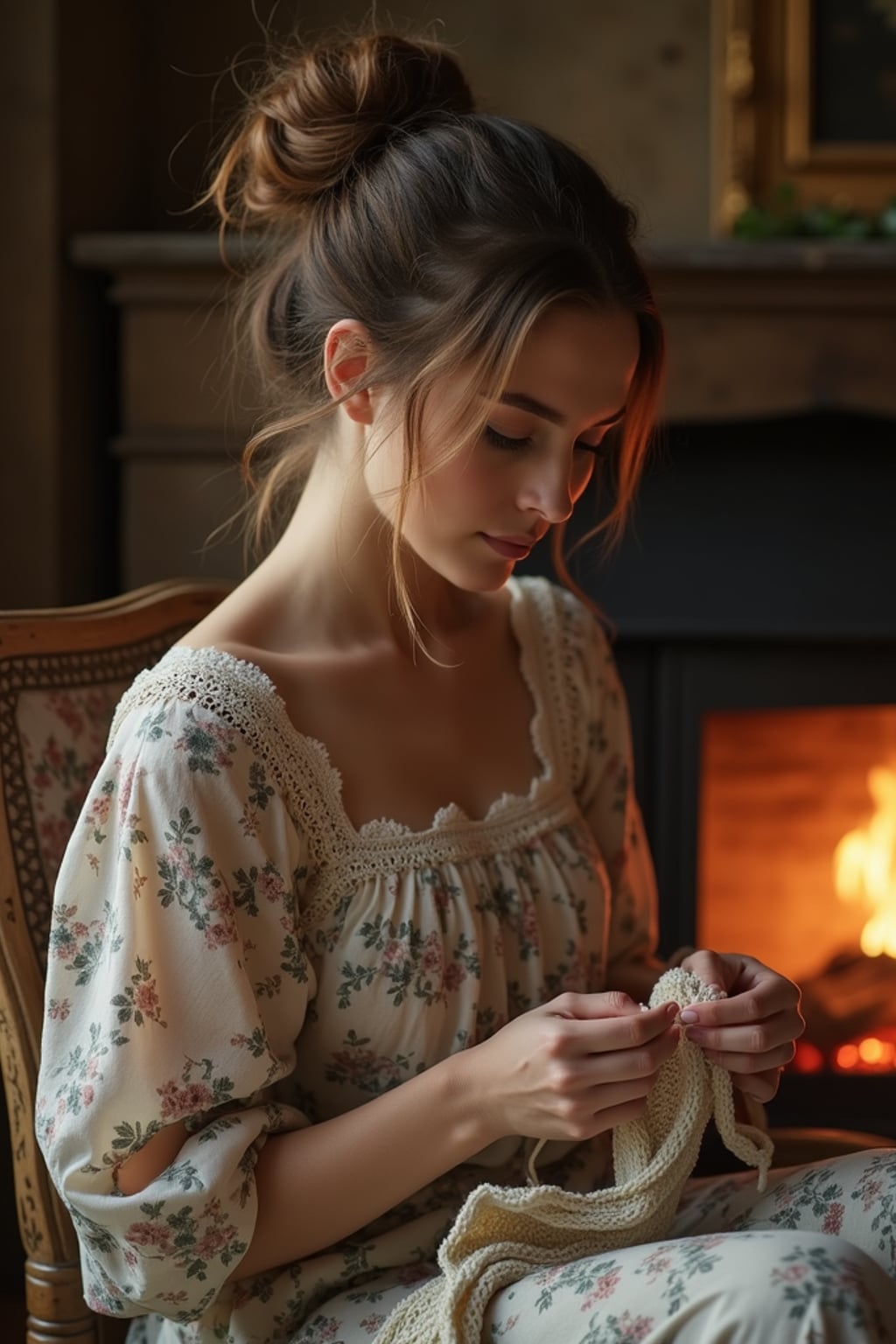 woman sewing or knitting by the fireplace in a rustic living room, wearing a floral print dress with a lace collar, hair in a neat bun, with soft lighting around