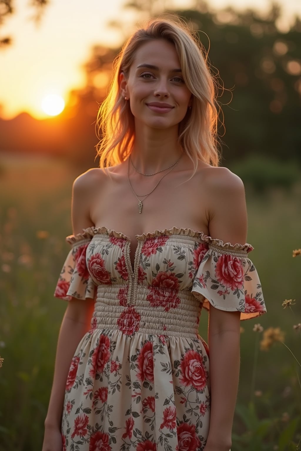 woman hosting a traditional family dinner outside at sunset, wearing a floral off-the-shoulder smocked dress with a sweetheart neckline and a thigh-high slit