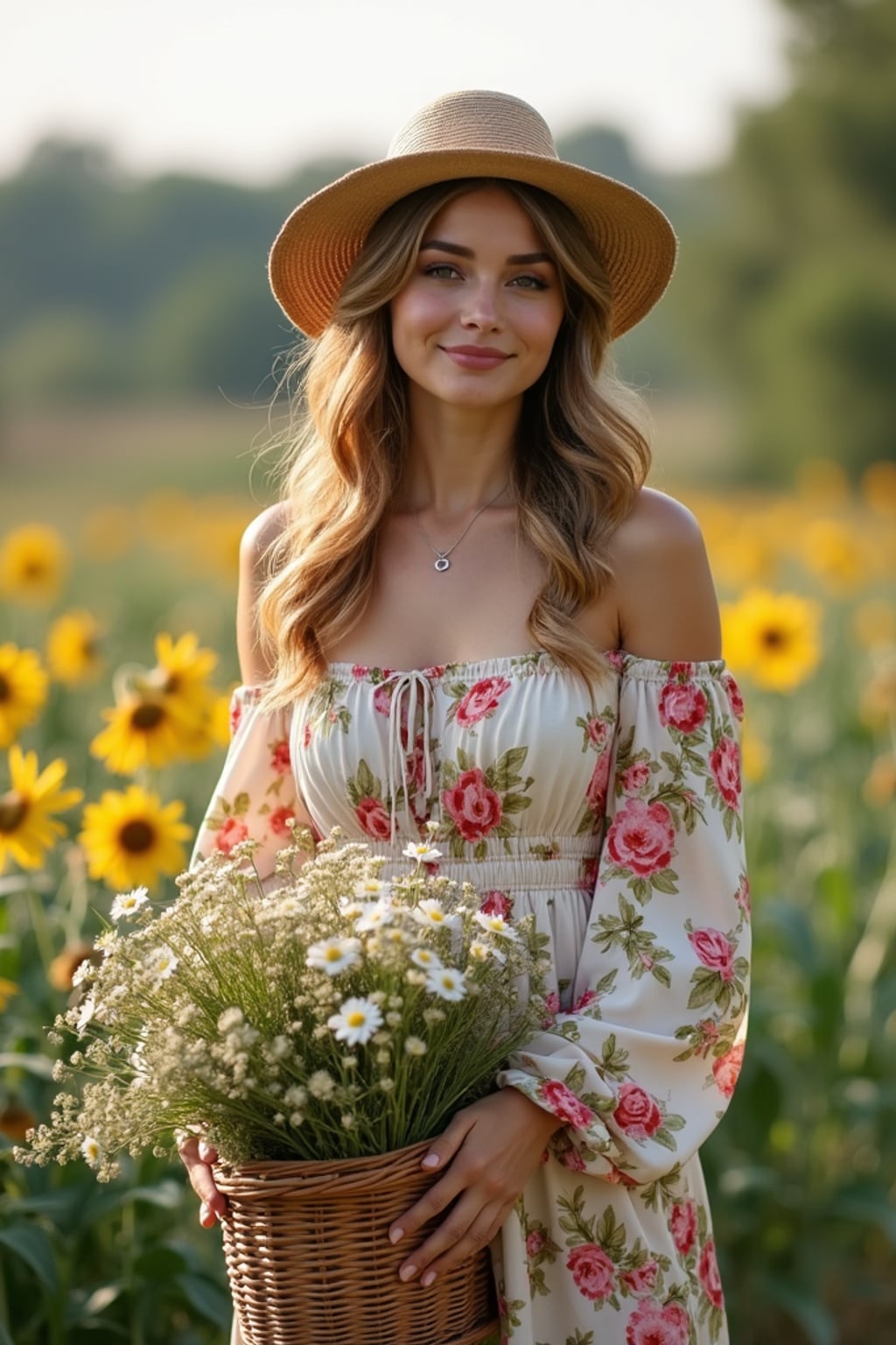 woman tending to a garden in the countryside during the day, wearing a long-sleeved floral off-the-shoulder dress, a sunhat, and holding a basket of freshly picked flowers
