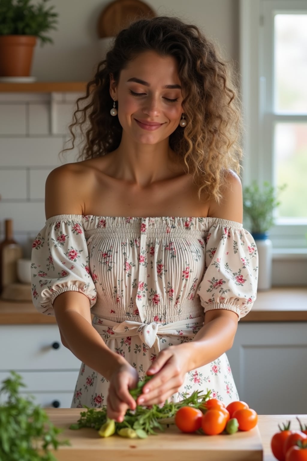 woman in a bright kitchen preparing a homemade meal, wearing a floral off-the-shoulder smocked dress, hair in soft curls, with pearl earrings