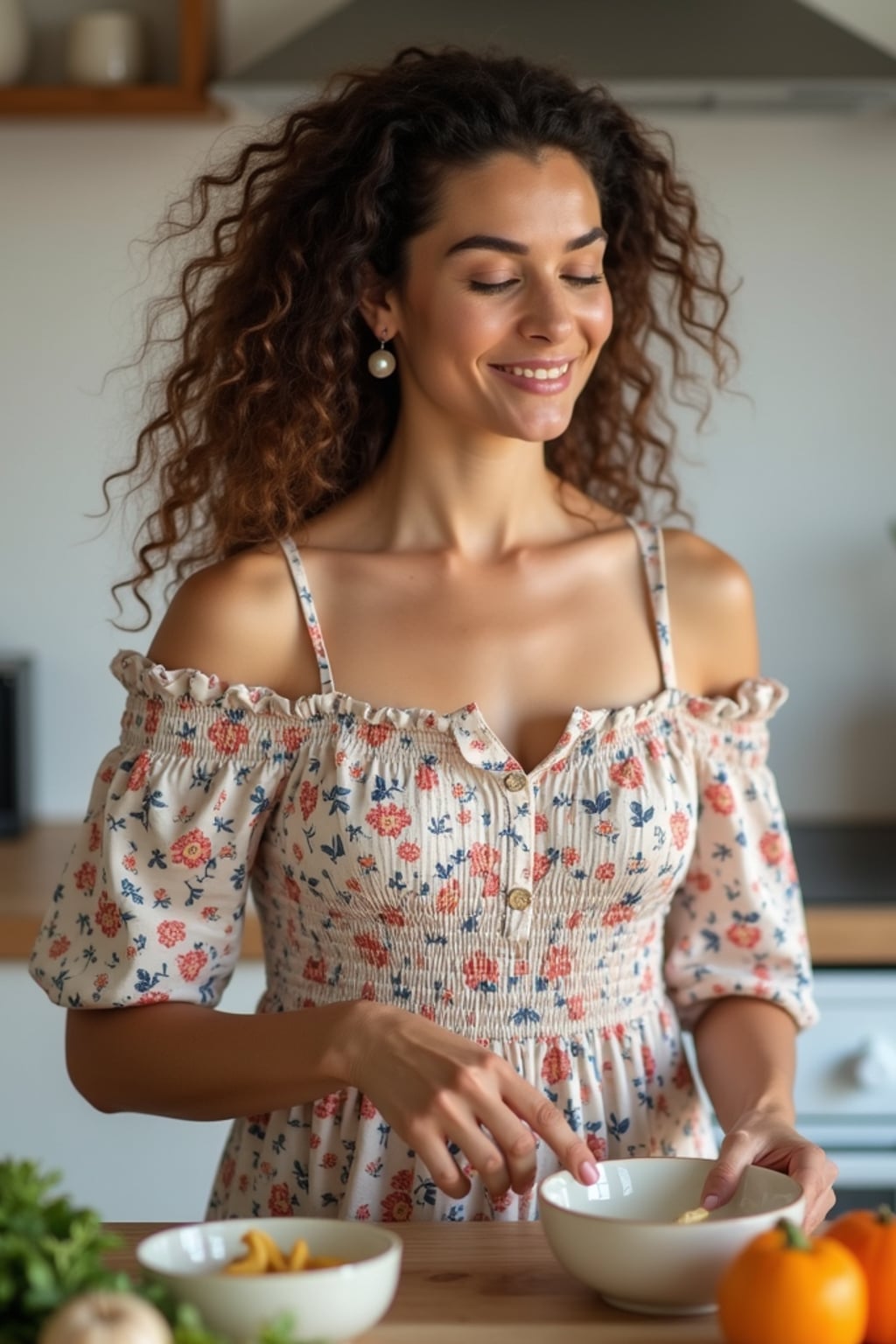 woman in a bright kitchen preparing a homemade meal, wearing a floral off-the-shoulder smocked dress, hair in soft curls, with pearl earrings