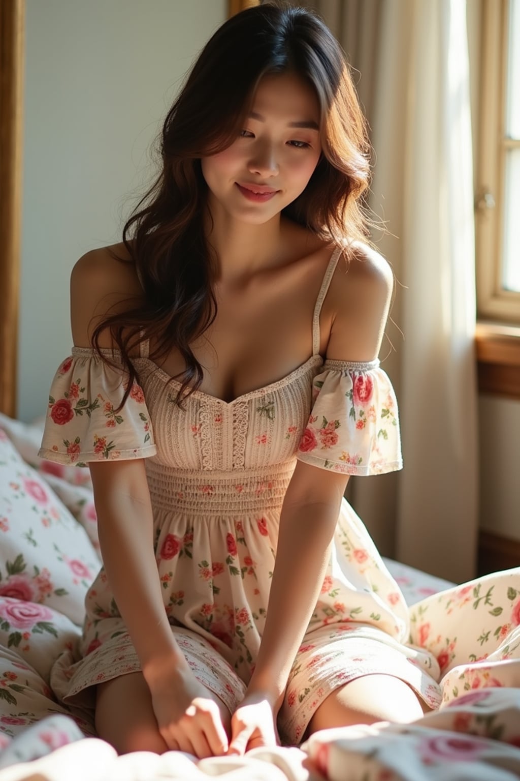 woman in a sunlit bedroom, making the bed with floral bedding, wearing a foral off-the-shoulder smocked strawberry dress, hair in soft waves, sun shining through the window