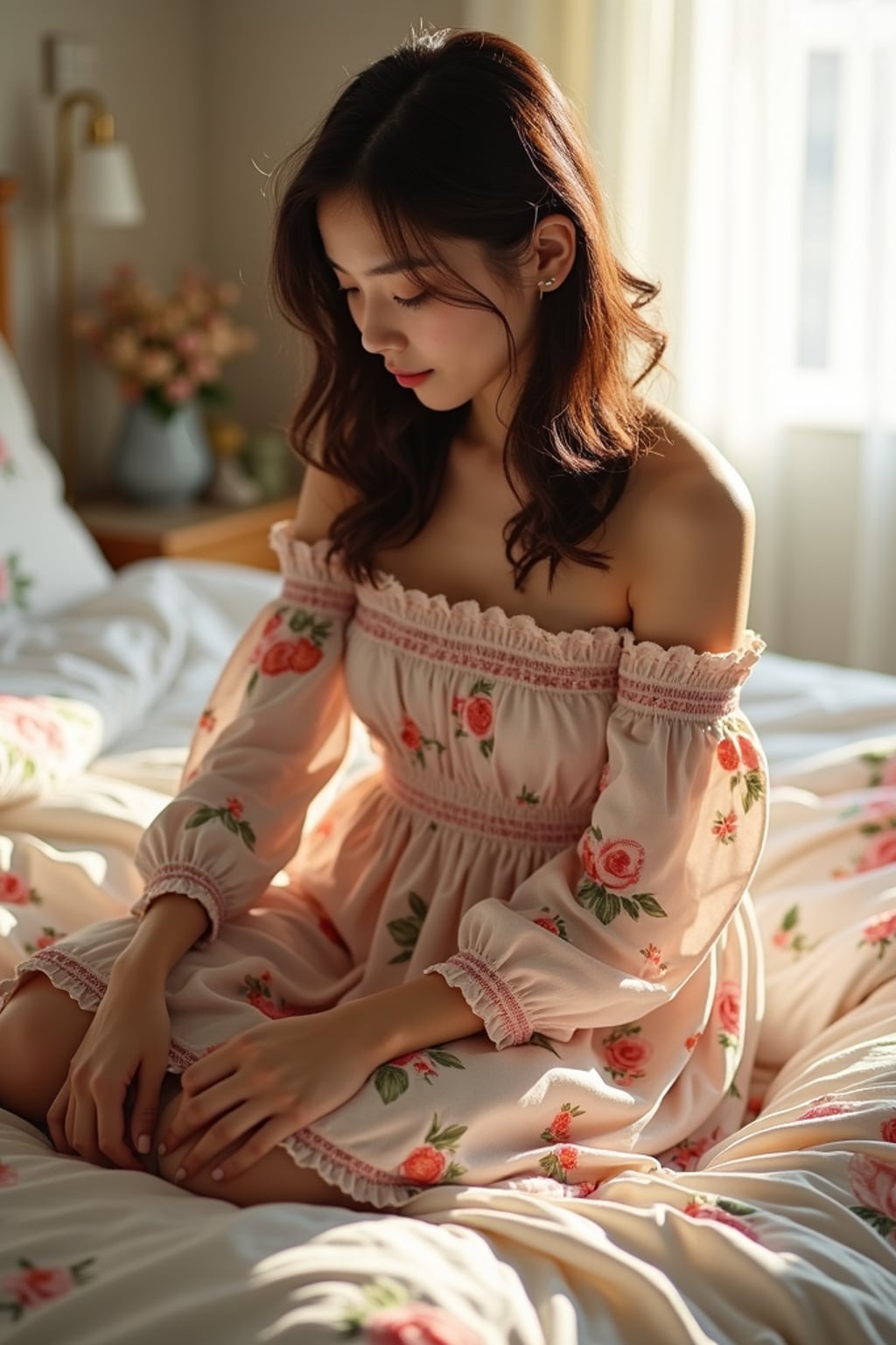 woman in a sunlit bedroom, making the bed with floral bedding, wearing a foral off-the-shoulder smocked strawberry dress, hair in soft waves, sun shining through the window