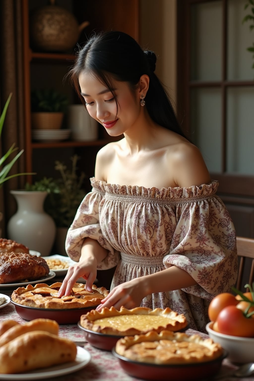 woman setting a beautifully arranged table for a holiday meal, wearing a floral off-the-shoulder smocked dress with lace details, carefully placing homemade pies and roasts