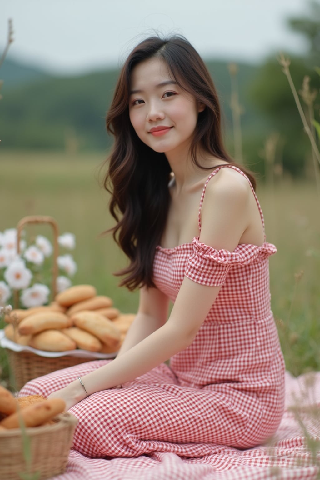 woman at a countryside picnic with family, wearing a gingham dress, sitting on a picnic blanket with home-baked goods, family members around