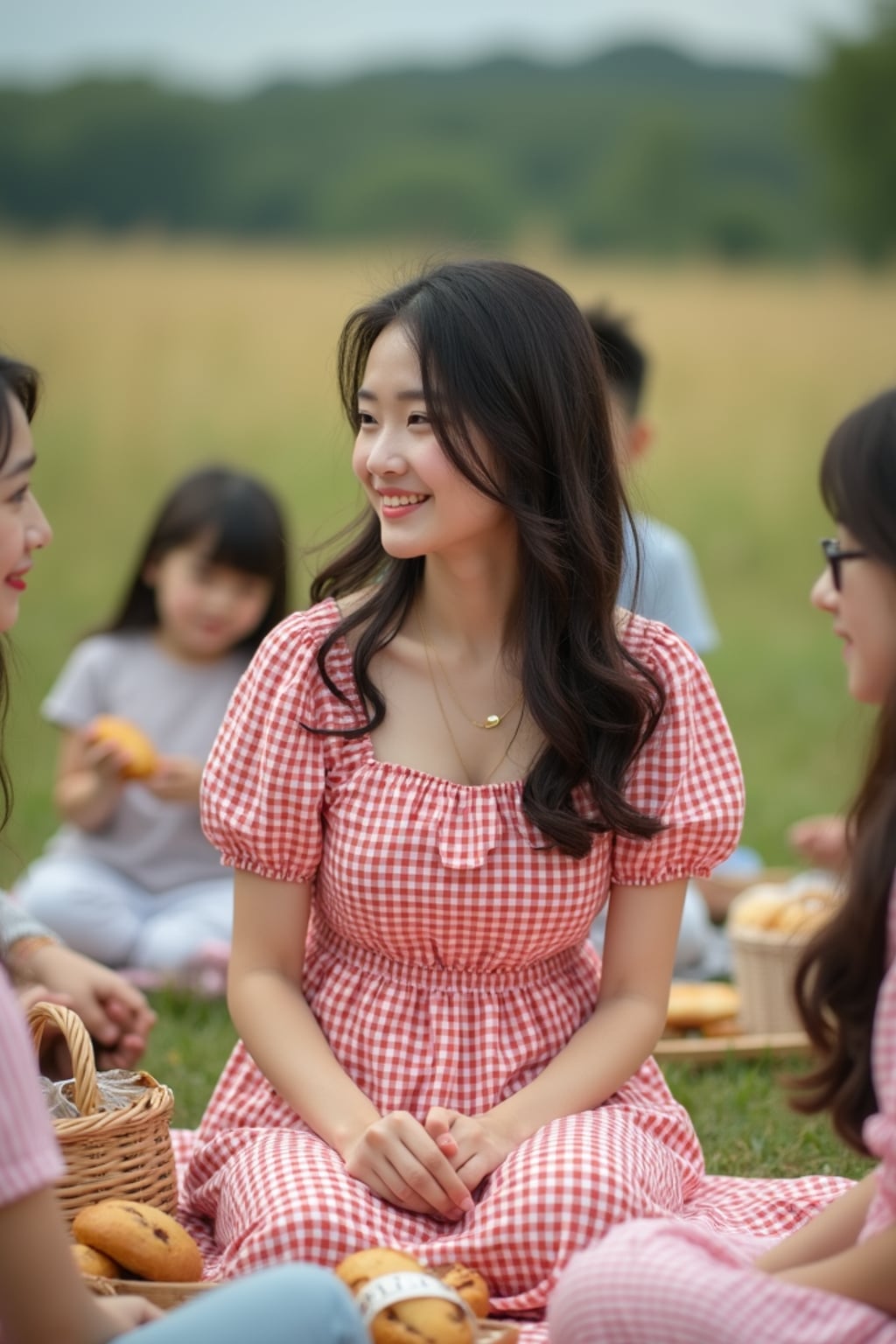 woman at a countryside picnic with family, wearing a gingham dress, sitting on a picnic blanket with home-baked goods, family members around