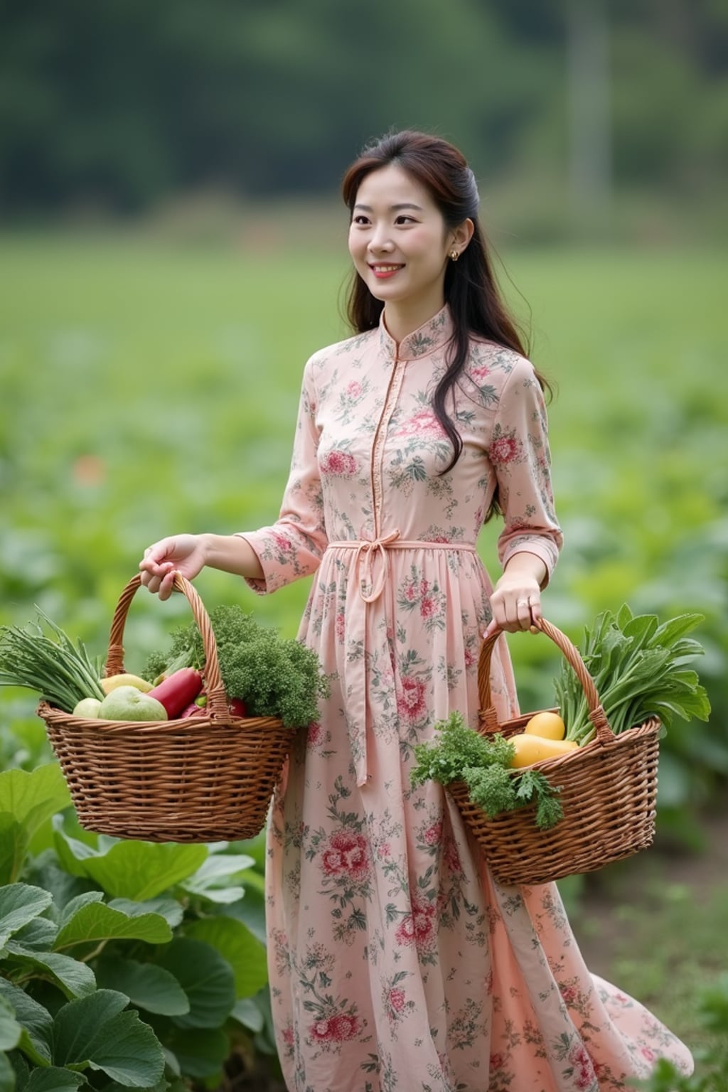 woman picking fruits and vegetables on the home farm with wicker baskets, wearing a long, flowing dress with floral patterns, carrying fresh produce
