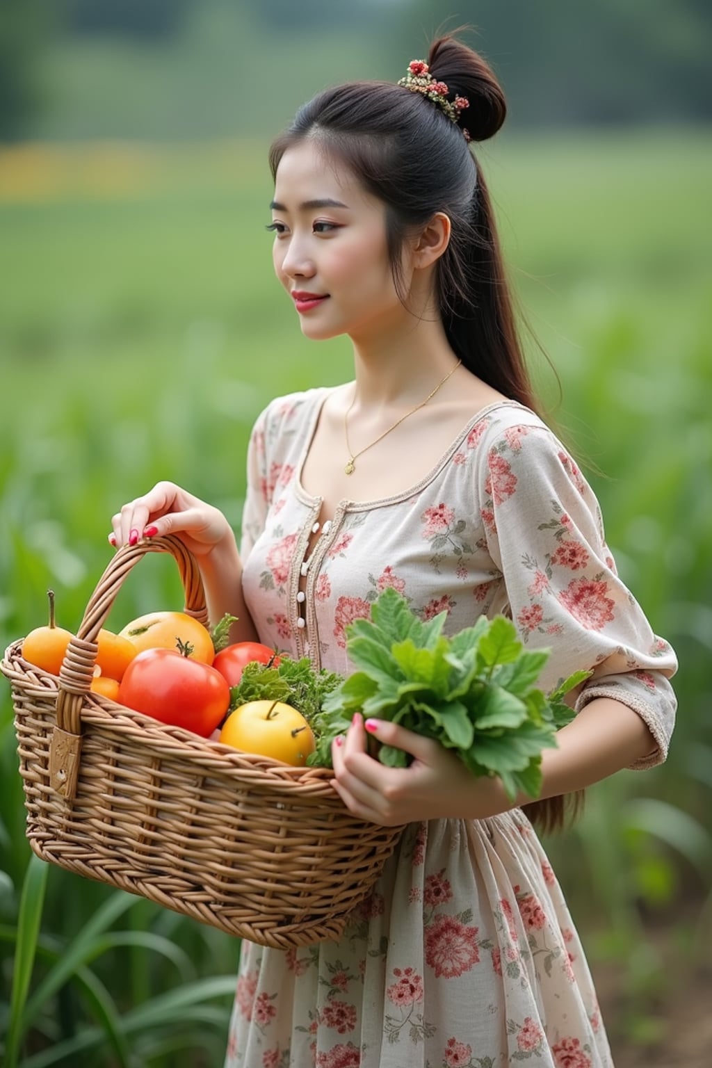 woman picking fruits and vegetables on the home farm with wicker baskets, wearing a long, flowing dress with floral patterns, carrying fresh produce
