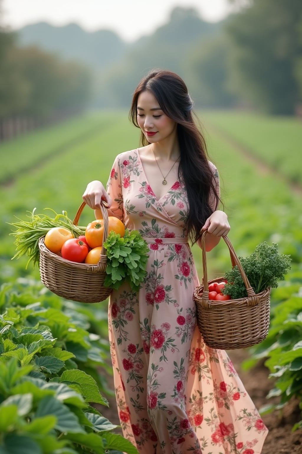 woman picking fruits and vegetables on the home farm with wicker baskets, wearing a long, flowing dress with floral patterns, carrying fresh produce