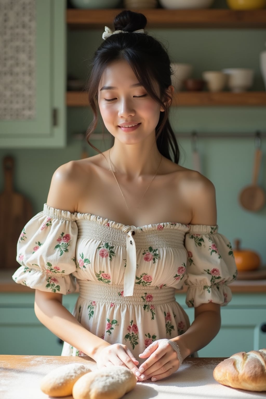 woman in a quaint, pastel-painted kitchen baking homemade bread, wearing a floral off-the-shoulder smocked dress, hair tied with a ribbon, flour on hands
