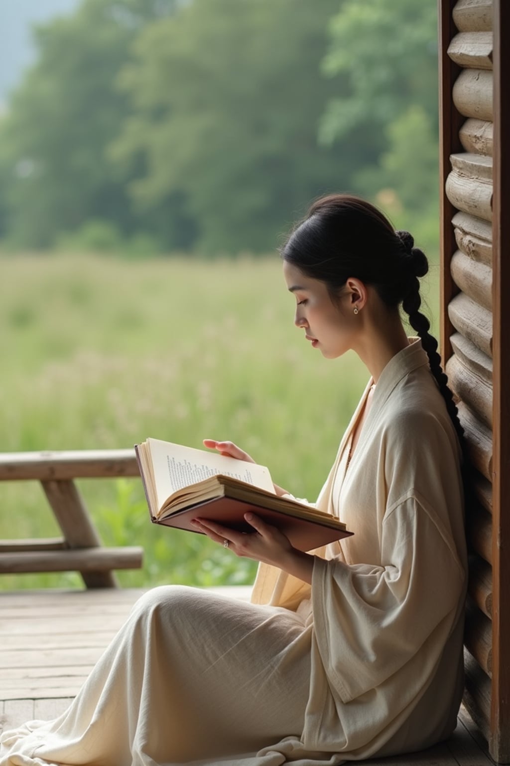 woman reading a classic novel on a porch with countryside views, wearing a simple linen dress, with a shawl wrapped around her shoulders, hair in braids