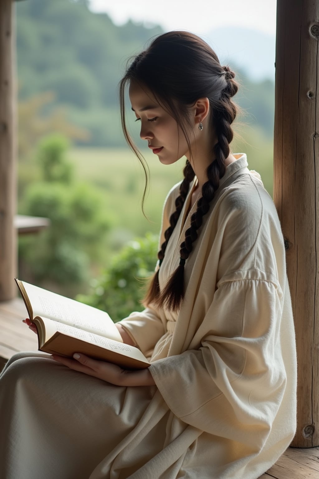 woman reading a classic novel on a porch with countryside views, wearing a simple linen dress, with a shawl wrapped around her shoulders, hair in braids