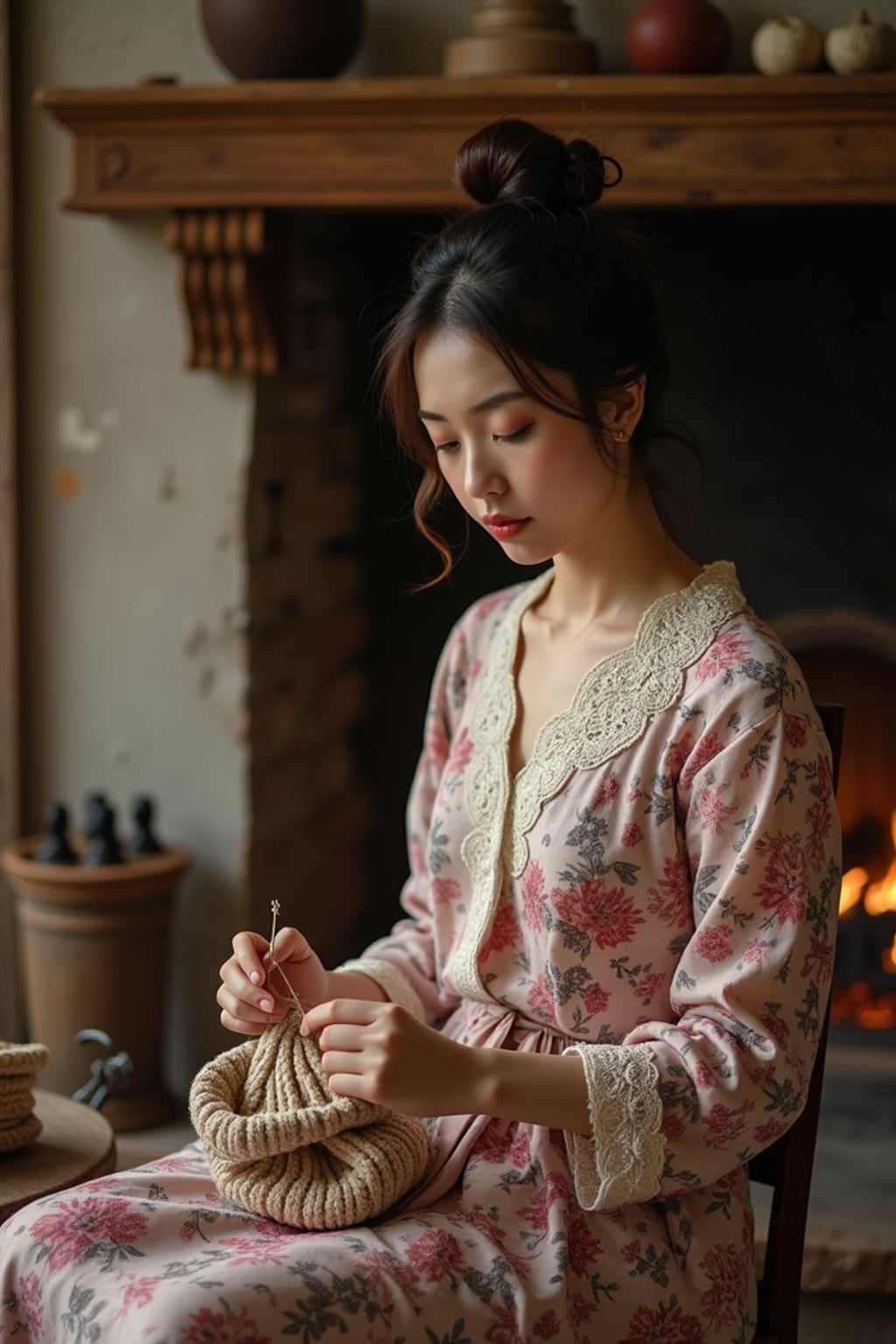 woman sewing or knitting by the fireplace in a rustic living room, wearing a floral print dress with a lace collar, hair in a neat bun, with soft lighting around