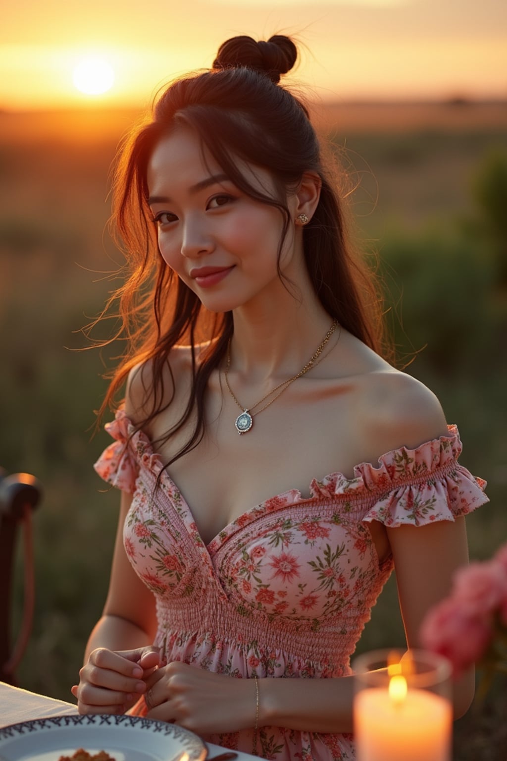 woman hosting a traditional family dinner outside at sunset, wearing a floral off-the-shoulder smocked dress with a sweetheart neckline and a thigh-high slit