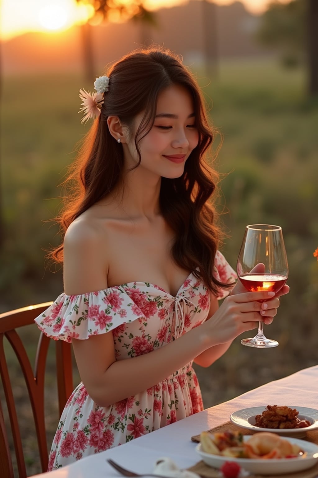 woman hosting a traditional family dinner outside at sunset, wearing a floral off-the-shoulder smocked dress with a sweetheart neckline and a thigh-high slit