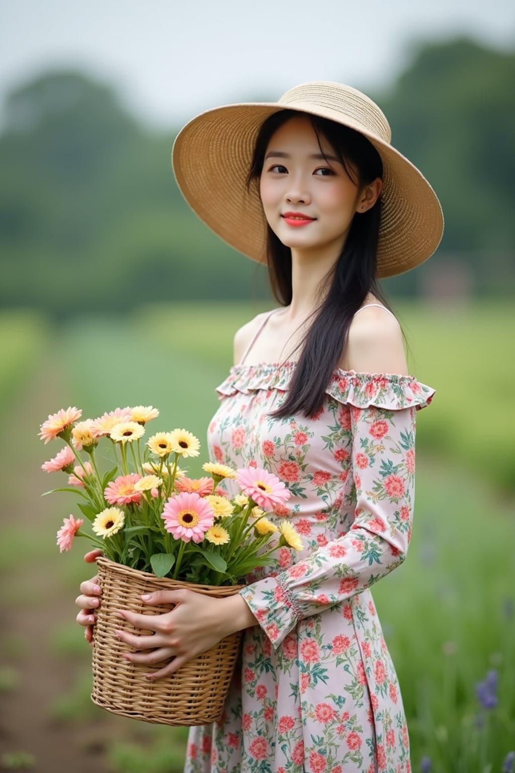 woman tending to a garden in the countryside during the day, wearing a long-sleeved floral off-the-shoulder dress, a sunhat, and holding a basket of freshly picked flowers
