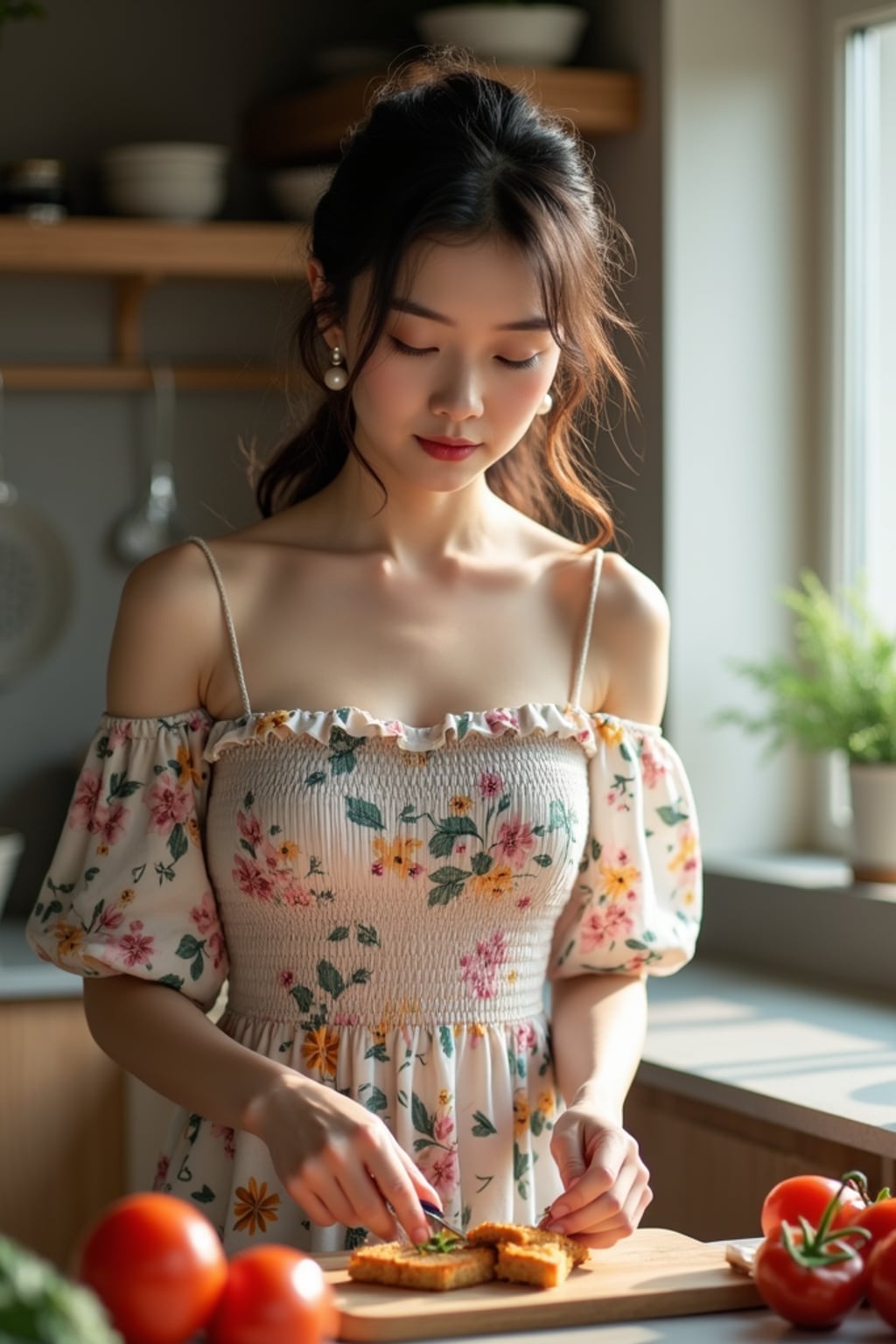 woman in a bright kitchen preparing a homemade meal, wearing a floral off-the-shoulder smocked dress, hair in soft curls, with pearl earrings